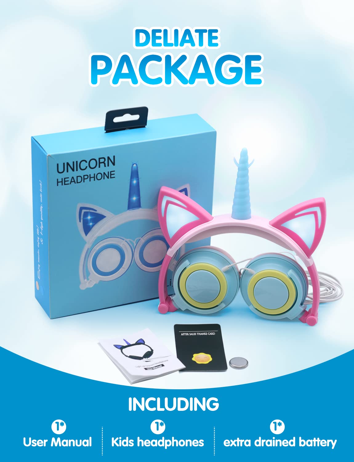 ONTA Auriculares para Niños con Orejas de Gato Iluminados con LED Plegables sobre Oído, Auriculares Resplandor Unicornio para Niños para la Escuela, la Casa, Cable Sin Enredos (Polvo Azul)