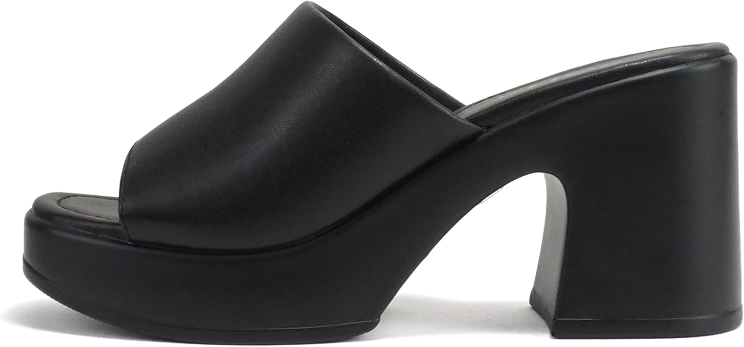 Soda “TYPO” ~ Women Open Square Toe Single Band Upper High Unit Block Heel Slide In Sandal (Black PU, us_footwear_size_system, adult, women, numeric, medium, numeric_8_point_5)