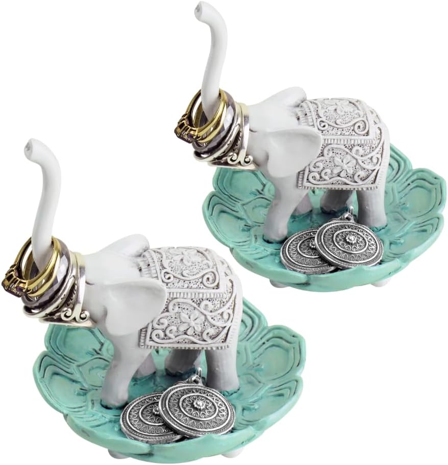 Evelots Set of 2 Elegant Good Luck Elephant Jewelry Ring Holder, Jewelry Stand, Multi-Color