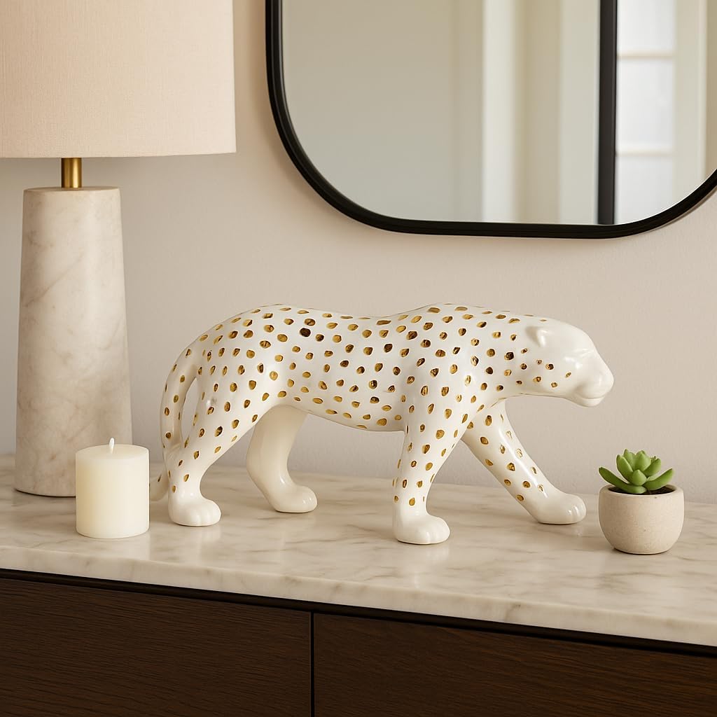 Decorative Walking Leopard Sculpture for Home Decor - Contemporary Figurine for Bathroom, Office, Bedroom, or Shelf Decor - Ornamental Statue for Coffee Table or Living Room Decor - 8, White & Gold