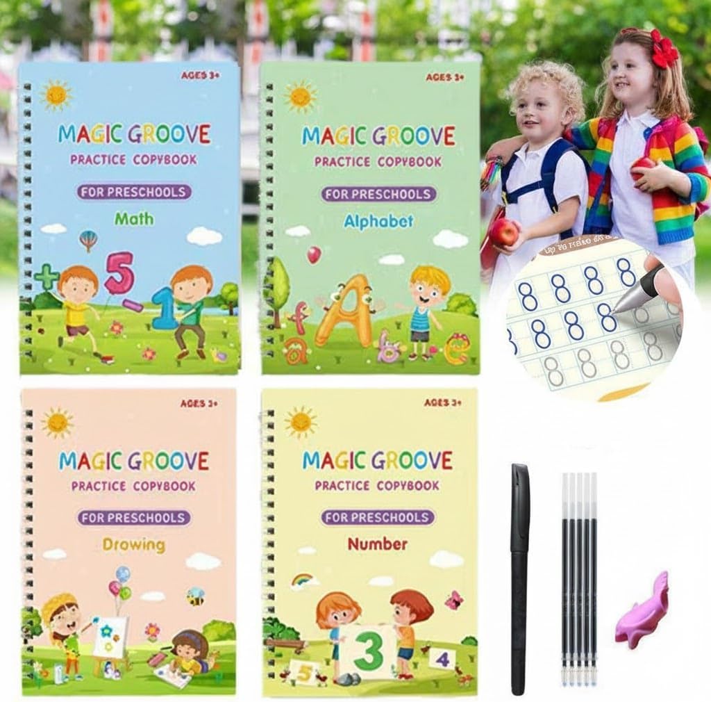 Magic Groove Practice Books,Preschool Hand Writing Practice Books,Reusable Magical Handwriting Workbooks Number Letter Tracing (4 Word Poster+1 Pen+5 Pen Refill+1 Pencil Grip)