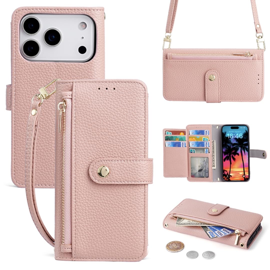 Etui typu crossbody z portfelem, paskiem ochronnym i podpórką, skórzanym etui na karty i gotówkę (do iPhone'a 15 Pro/błękit nieba)