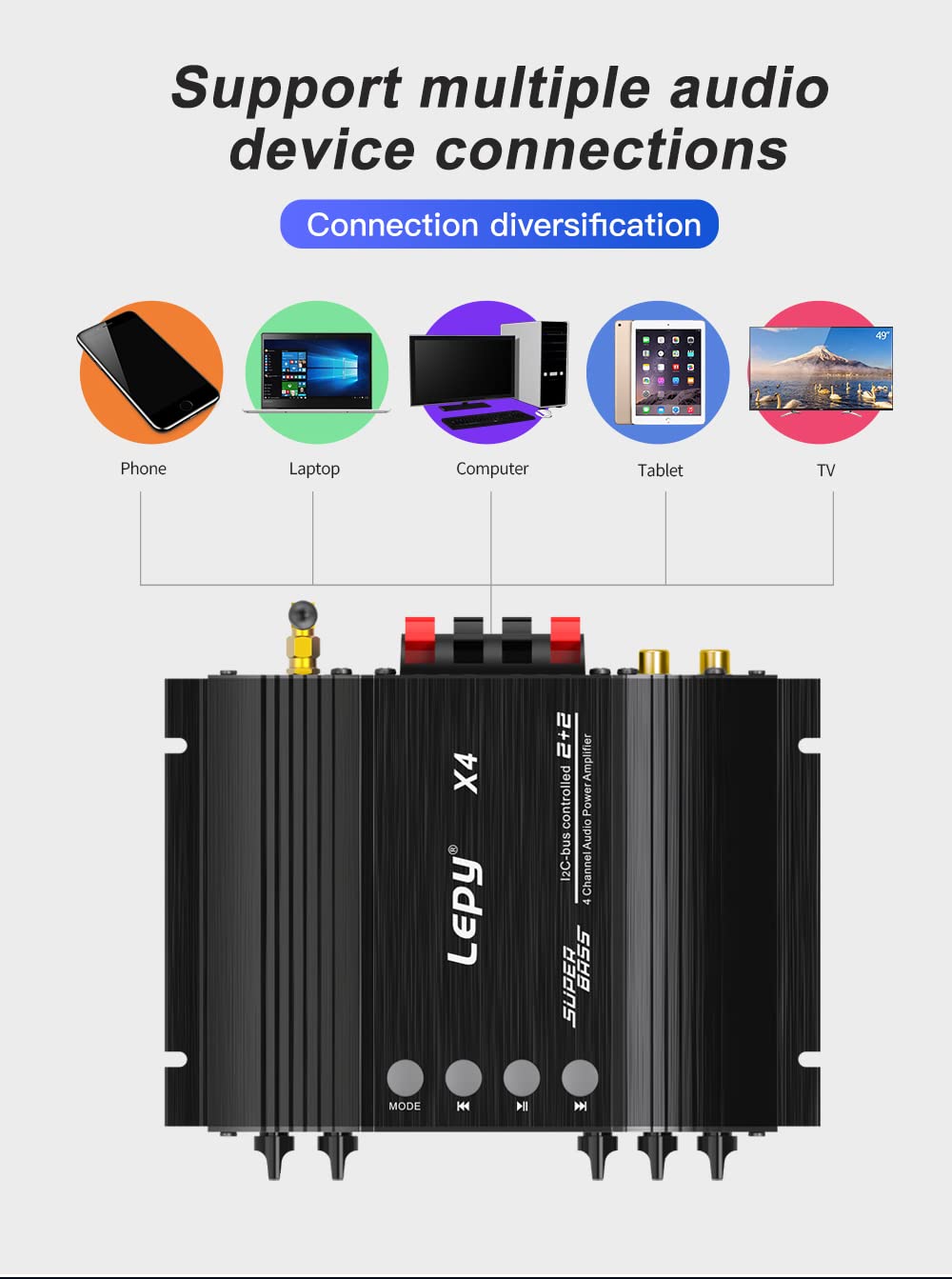 LP-X4 5.0 wzmacniacz mocy Bluetooth wejście koncentryczne z włókna optycznego 2.1 wzmacniacz mocy podwójny wyjście subwoofera 4x60w cztery kanały z zasilaniem 5A