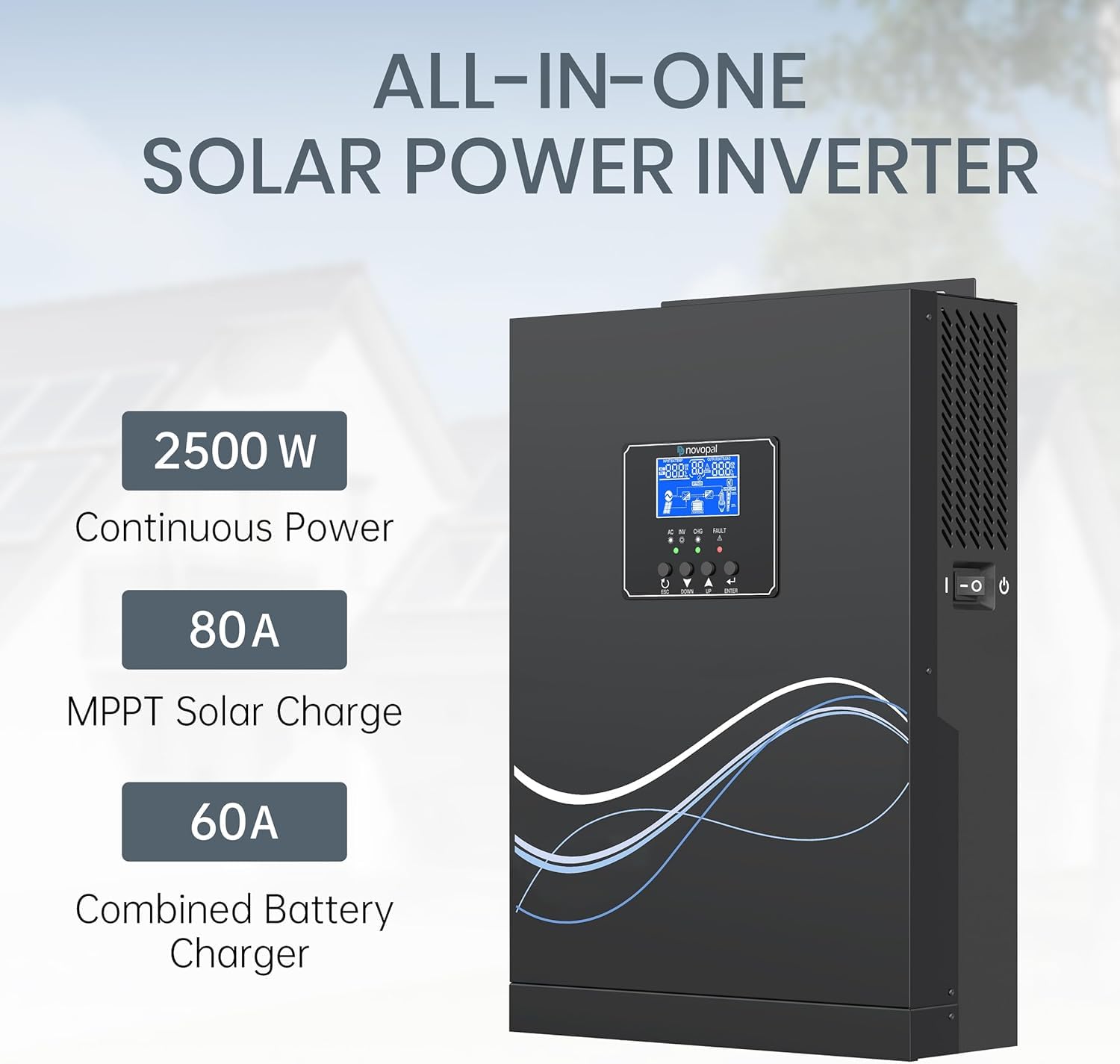 novopal 2500W Inverter Ibrido da 24V DC a 220V AC Onda Sinusoidale Pura Inverter con Regolatore di Carica MPPT da 80A Massimo PV 400V DC Lavoro con Batterie al Piombo