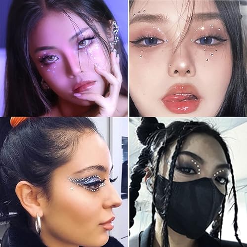 Miniatura 2 de 4 hojas de gemas faciales con diamantes de imitación para ojos, gemas pequeñas para la cara, calcomanías de diamantes de imitación autoadhesivas