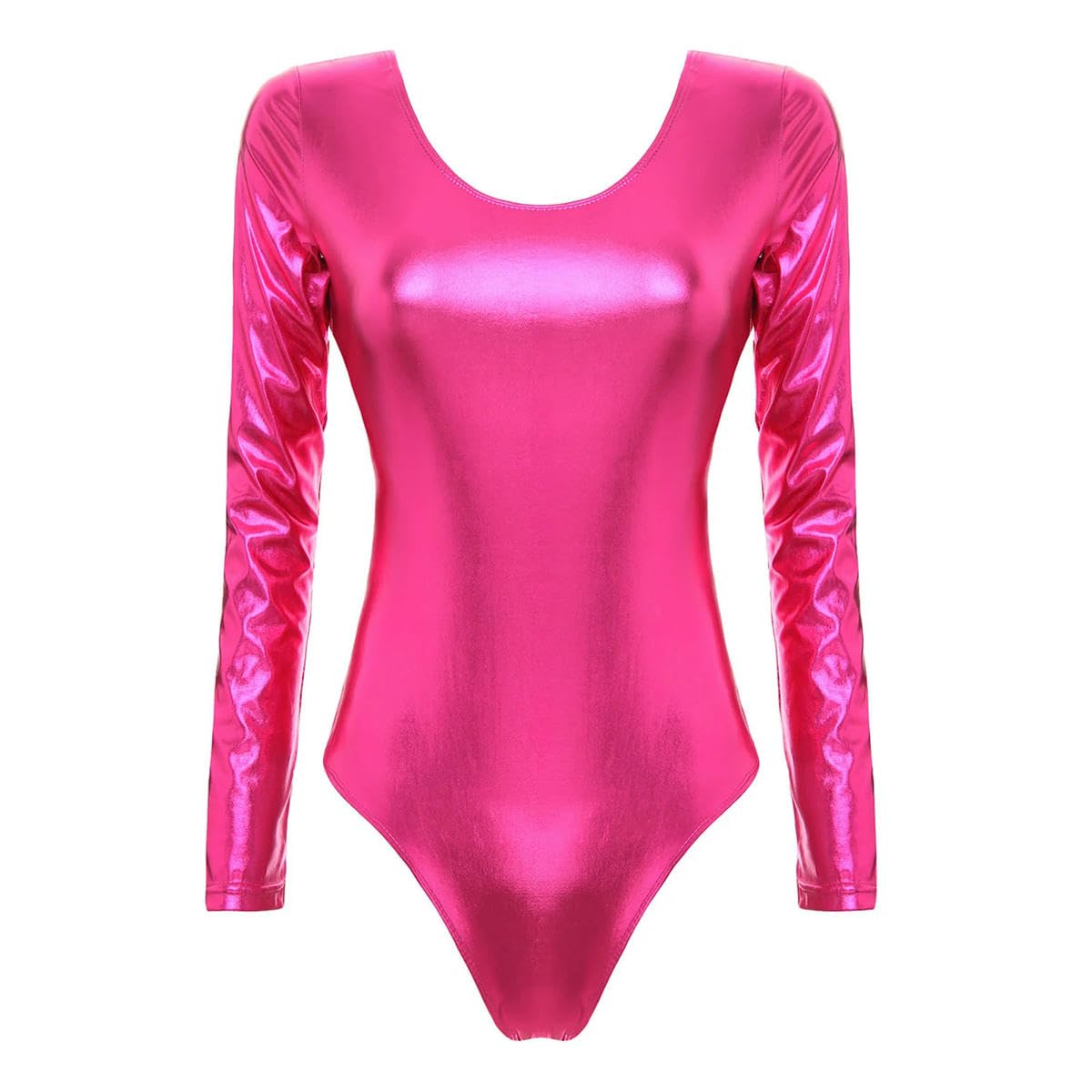 Body da donna in pelle verniciata, a maniche lunghe, per danza classica, ginnastica, rave, feste, pole dance, discoteca, Rosa acceso, L
