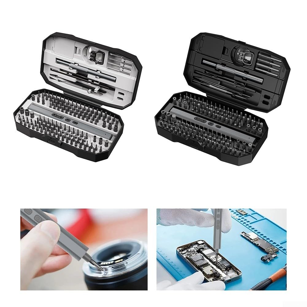 Juego de destornilladores eléctricos, 156 piezas, 5 niveles de par 0,12 – 0,35 Nm, 140 bits magnéticos, batería USB-C con LED, para smartphone, PC, portátil, PS5, reloj Xbox (negro)
