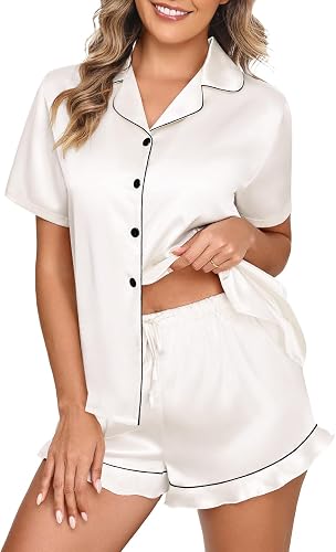 Yuson Girl Ensemble de Pyjama Femme Satin 2 Pièces Manches Courtes Pyjama Été Lé