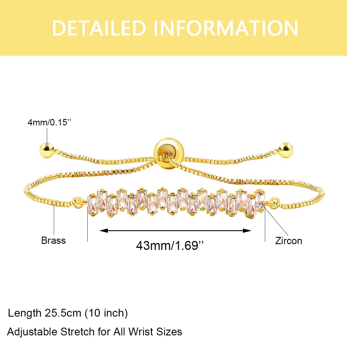 Gold Plated Adjustable Slider Chain Ankle Bracelet Rectangle Cubic Zirconia Tennis Bracelet Valentines Jewelry Gifts for Women - Image 6