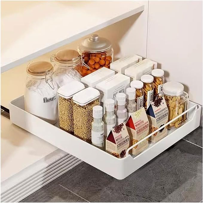 Organizador telescópico de armario de cocina, cajón extraíble con asa, estantes deslizantes para armarios de cocina, diseño de cesta extraíble que ahorra espacio