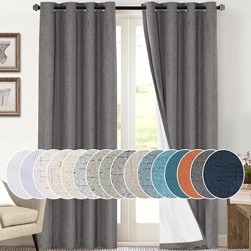 PrinceDeco 100% Blackout Linen Curtains 108 Inches Long 2 Panels Textured Room Darkening Thermal Drapes for Bedroom Dining Room, Soundproof Window Treatment Drapes for Hall Room,Grey, Set of 2