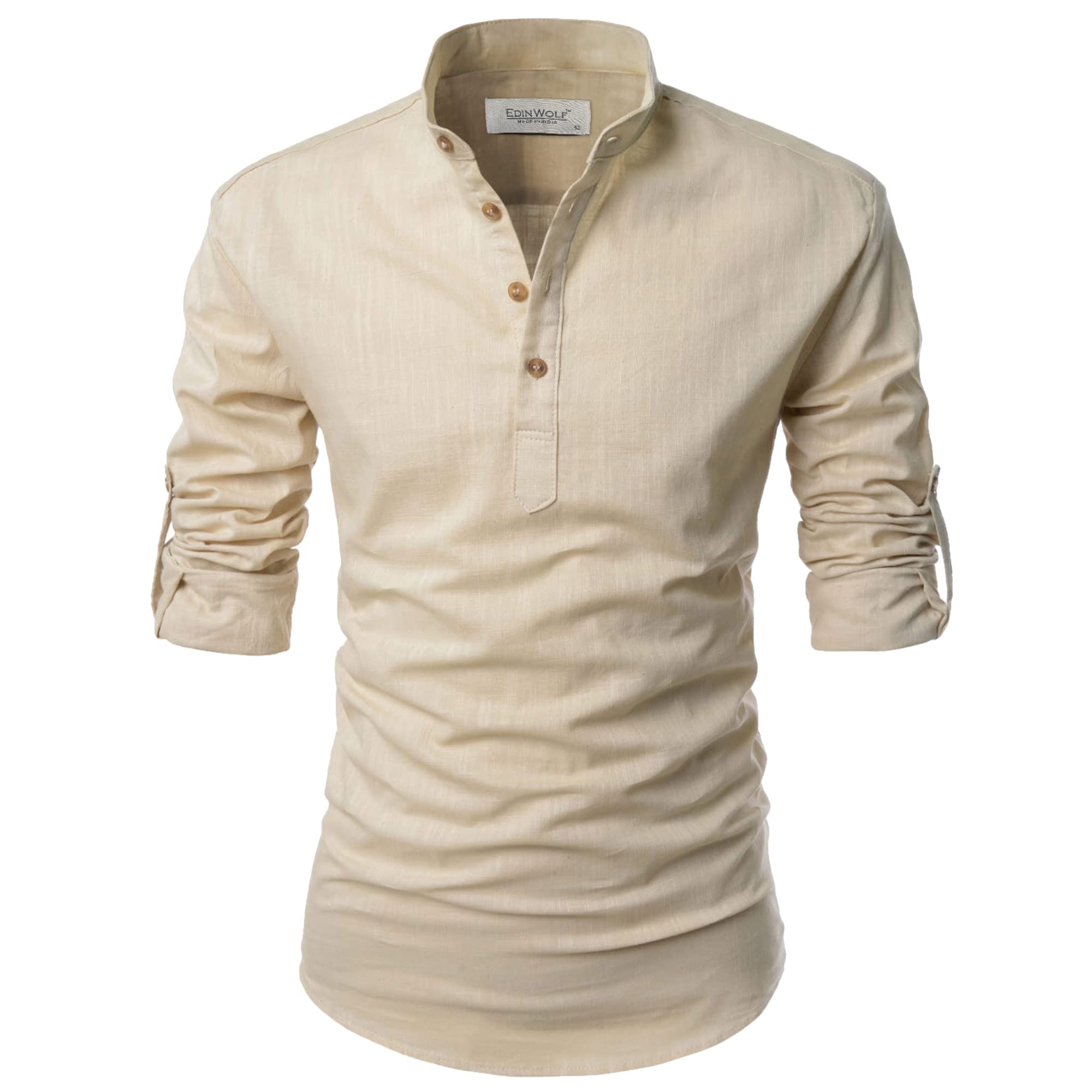 EDIN WOLF Beige Color Cotton Solid Casual Slim Fit Mandarin/Chinese Collor Short Kurta for Men