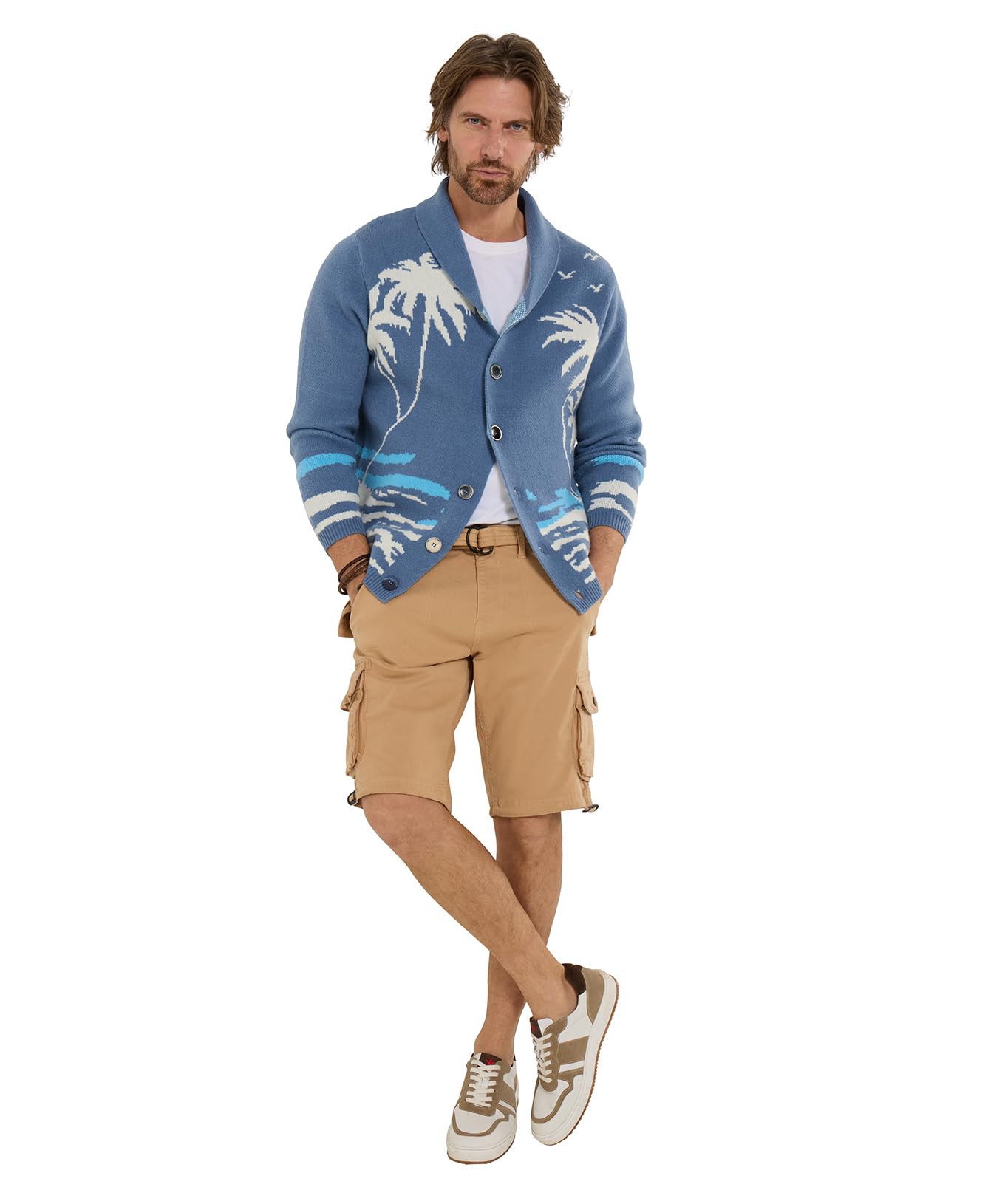 Joe Browns Men's Palm Tree Island Shawl Neck Cardigan, Regular, Blue, UK XXL