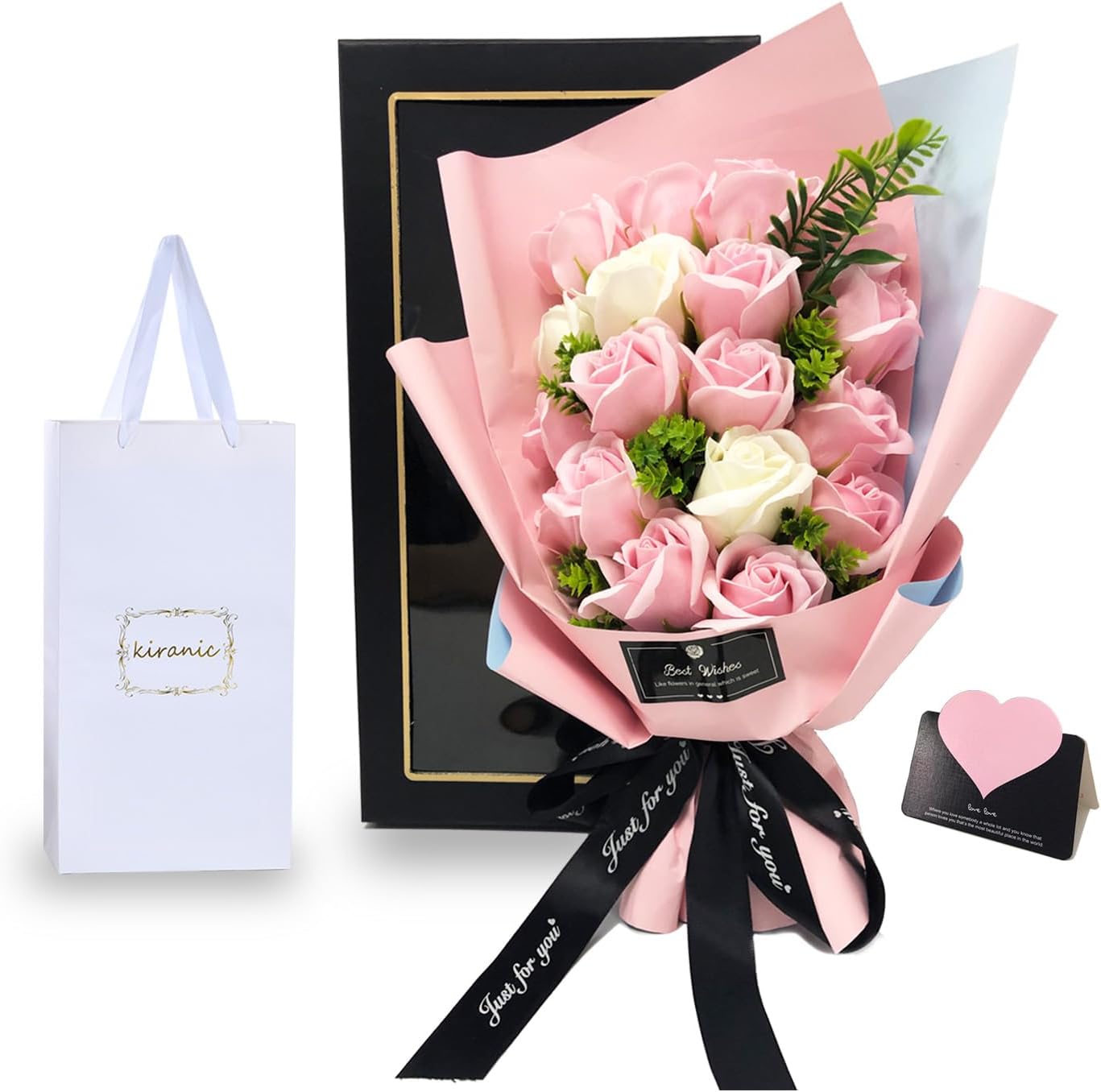 ソープフラワー プレゼント 母の日 バレンタインデー 誕生日贈り物 手提げ袋付き Kiranic 造花 ブーケ 枯れない花 石鹸花 記念日 開店祝い 結婚祝い お見舞い 敬老の日 ギフト ボックス ピンクバラ メッセージカード付き