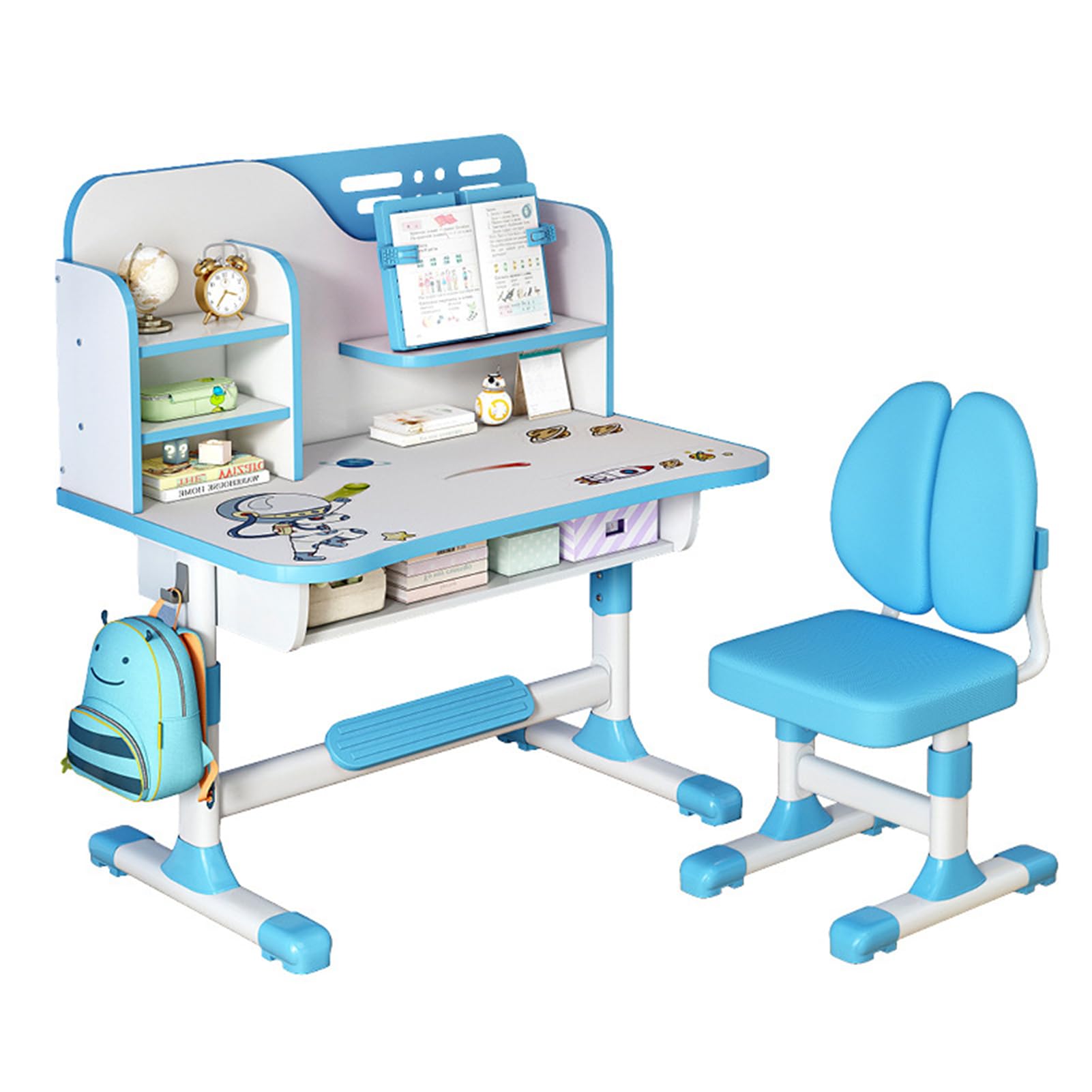 Kids Desk and Chair Set,Height Adjustable Student Study Table with Drawable Desktop,Book Stand,Bookshelf,Drawer,for Writing Reading Drawing,Study Desk Study Table and Chair for Boys Girls (Blue A)