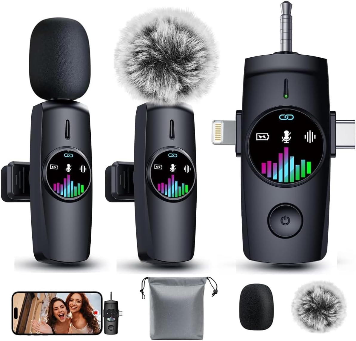 𝟕𝟎%𝐨𝐟𝐟 3-in-1 Wireless Lavalier Microphone: Mini Microphone 20H Battery, 80ft Range, DSP Noise Cancel - Plug & Play for iPhone Android, Live Streaming, Content Creators Programmes