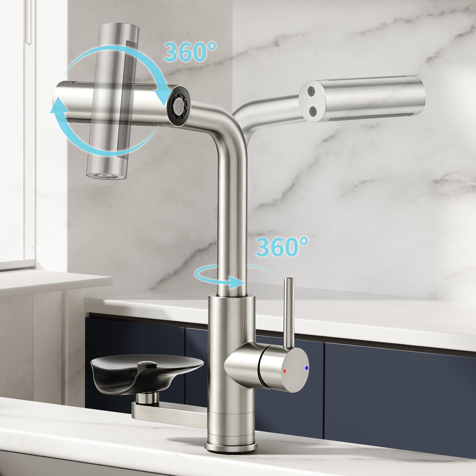 360° drehbarer Wasserhahn Küche ausziehbar mit Brause, wasserfall Mischbatterie Küche mit Gläserspüler, 4 Modi Spültischarmatur mit Glasspüler (Gebürstetes Nickel, Standardausführung)
