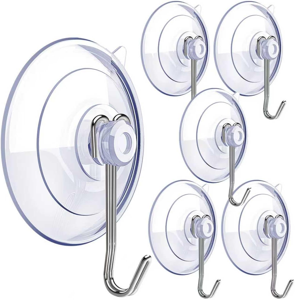 DSMY 6 Pack Clear Suction Cup Hooks - Reusable PVC with Removable Stainless Steel for Bathroom, Kitchen, Shower, Windows - Holds 3lbs