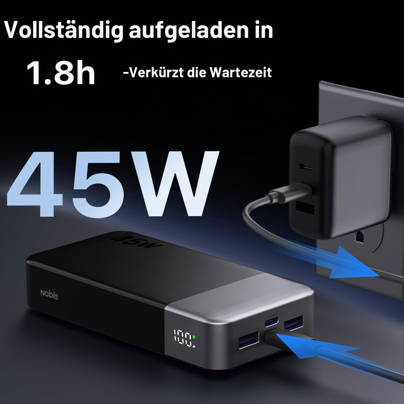 NOBIS 45W Power Bank Powerbank 20000mAh Schnellladung, 2×USB‑C (in/Out) & 2×USB‑A, Digitalanzeige & Kleinstrommodus, Kompatibel mit Phone 17 S25