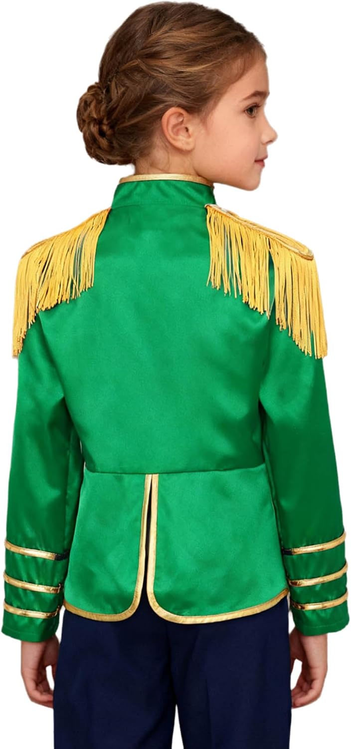 Hansber Kids Boys Girls Drum Majorette Long Sleeve Fringe Tassel Jacket Coat Honor Guard Uniform Stage Show Outfit Green 16 Years