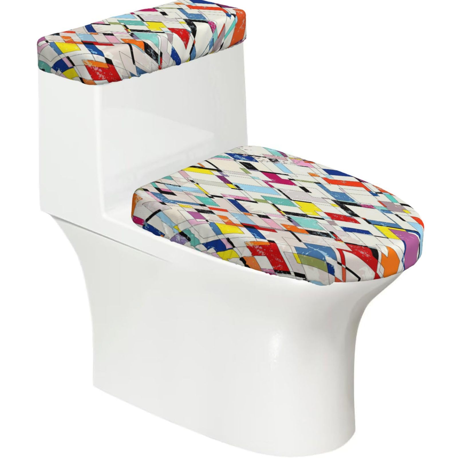 Colored Plaid Wallpaper Print Bathroom Decor Toilet Lid Cover And Tank Covers, Restroom Accessories Fits Most Round