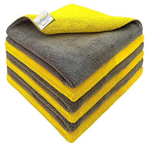 Image of SOFTSPUN Microfiber Cloth - Defected Cloth, Going Cheap! 4 pcs 40x40 cms 900 GSM Grey+Yellow! Thick LintStreak Free Multipurpose Cloths for Car Bike Cleaning Polishing Washing & Detailing.