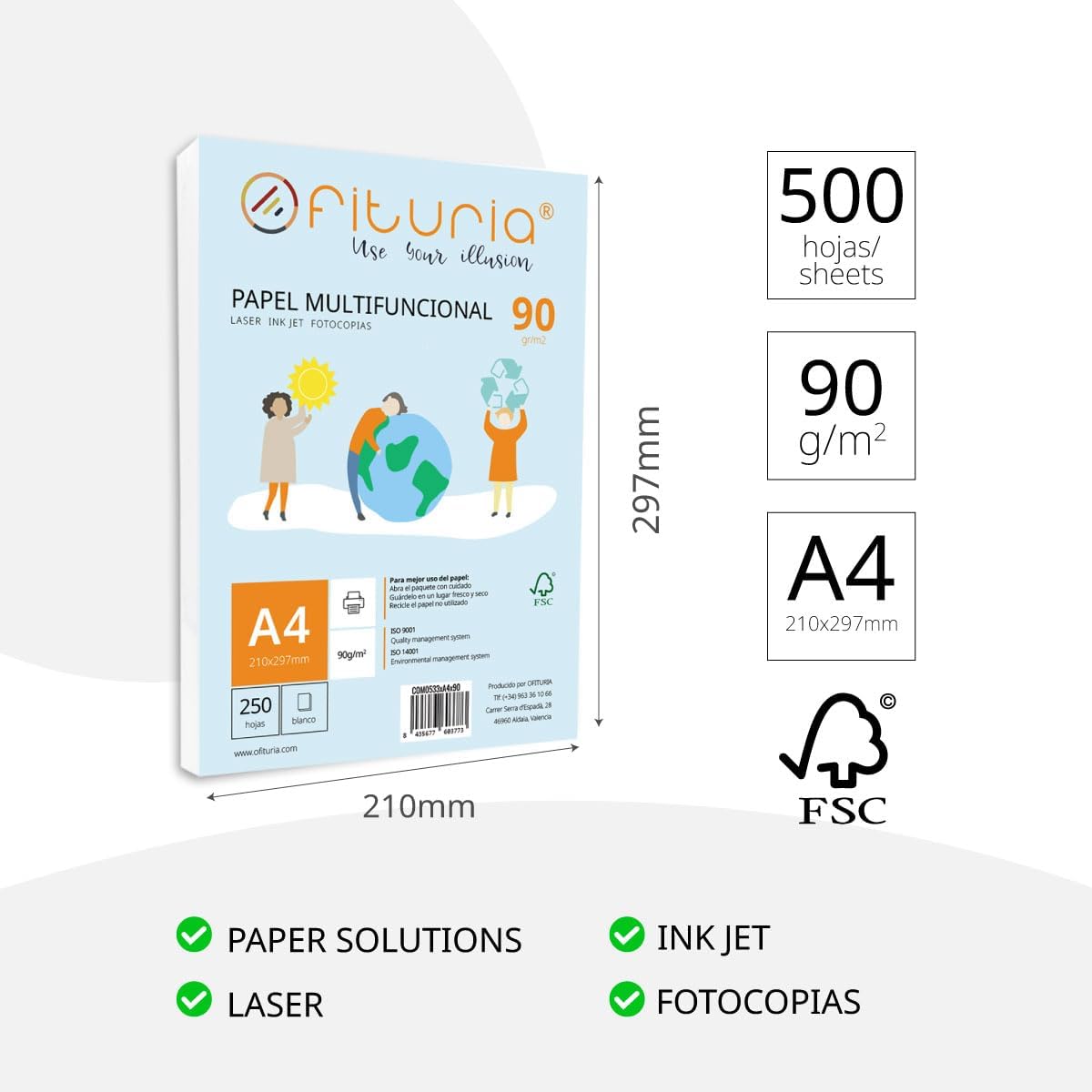 Pack of 500 White A4 Sheets 90g Printer Paper Multifunctional Copier Paper for School and Office Ideal for Laser Printers, Inkjet Printers or Copiers - Ofituria