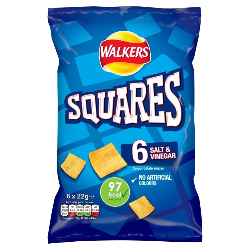 Walkers Squares Salt and Vinegar Snacks, 6 x 22 g