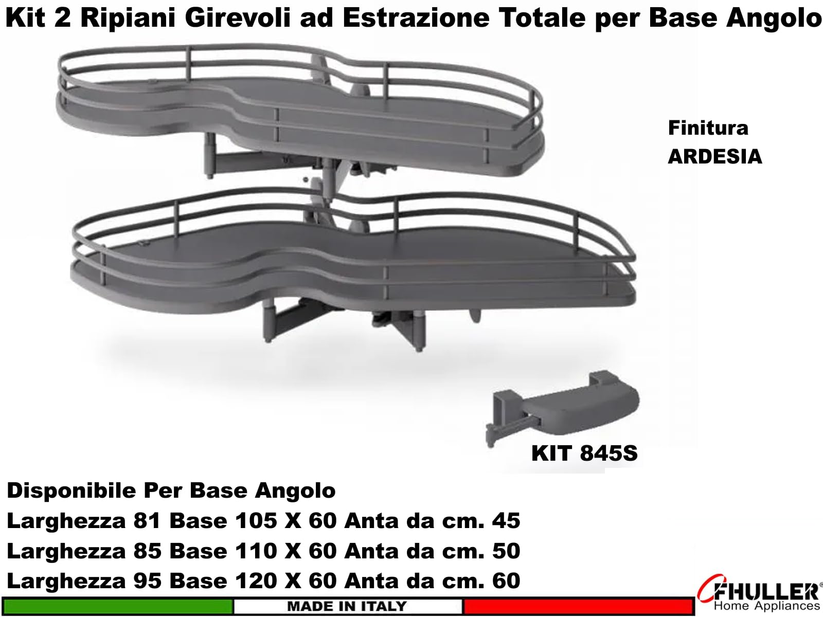 Meccanismo 846BEY/SX45 Base Angolo Estraibile Cucina 2 Livelli Organizer Cucina,Cestello Girevole,Estrazione Totale Ammortizzata Per Base Angolare 105X60 Anta 45 SX Struttura cesto Ardesia