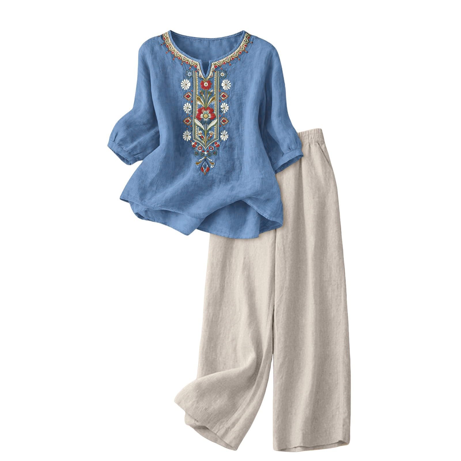 Zweiteiler Damen Elegant Baumwoll Leinen Freizeitanzug Musselin Hemd Weite Leinenhose Sommer Leinenanzug Hausanzug Freizeit Schlafanzug Hosenanzug,Summer Outfits For Women,Urlaub Leicht Loungewear
