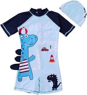 Traje de baño infantil de una pieza con estampado de dinosaurio para niños con gorro de baño, protección solar UPF 50+ y secado rápido, para niños de 2 a 15 años, playa y baño azul