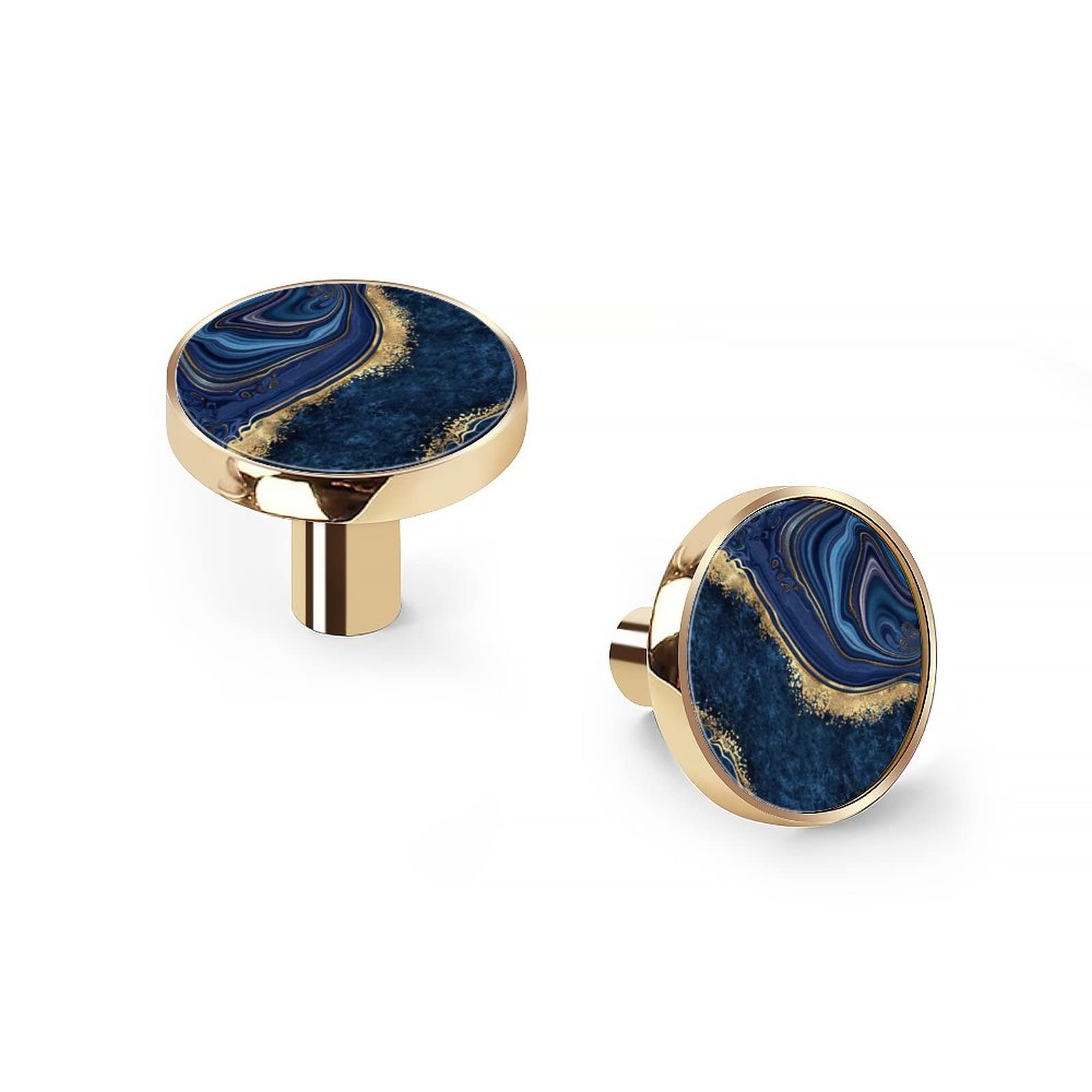 6 Pack Brass Gold Cabinet Knobs, Blue Marble Agate Dresser Knobs, Flat Zinc Cupboard Drawer Pulls