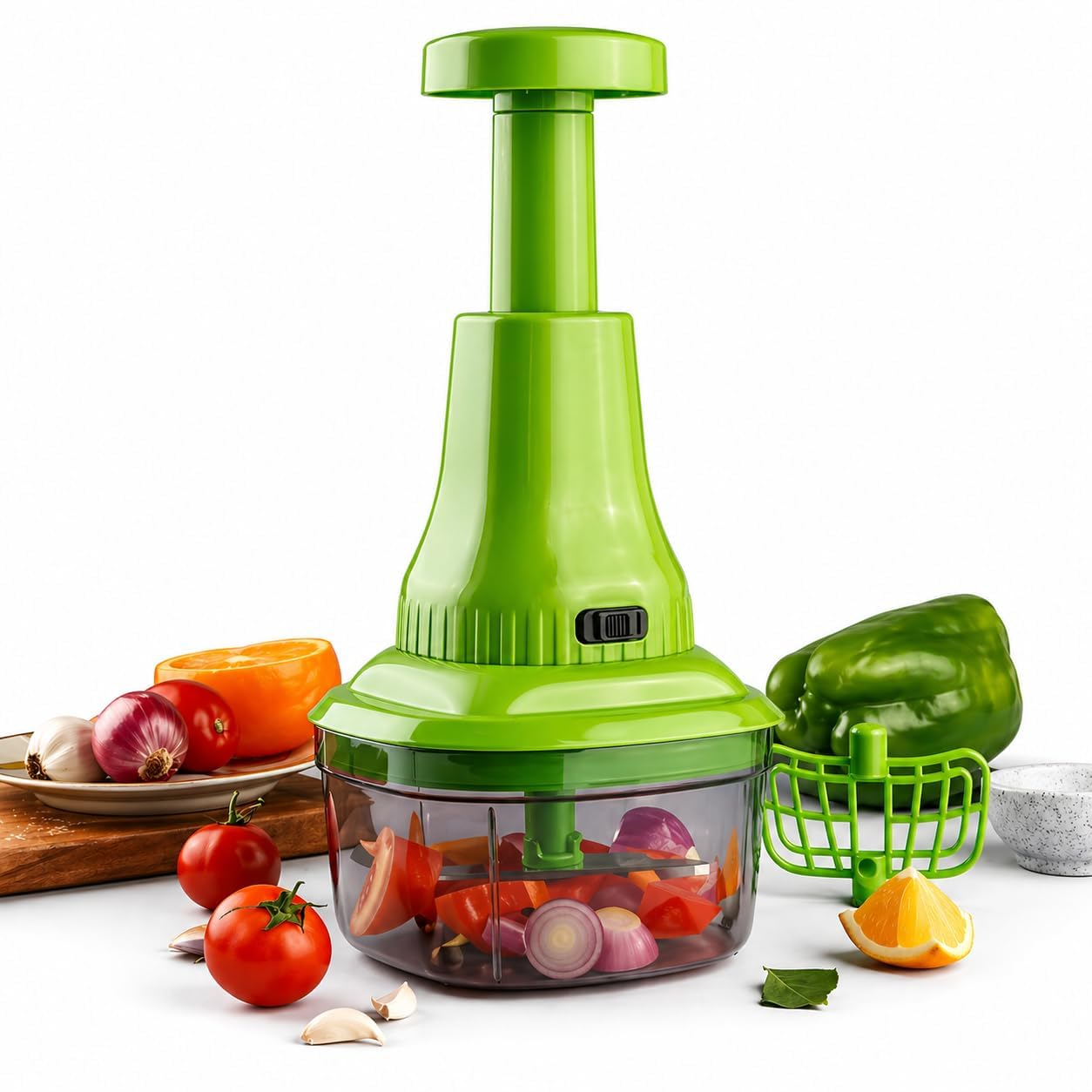 Manual Push Vegetable Chopper 650ml with Whisk, Multi-Functional Kitchen Chopper, Stainless Steel Blades, Push Food Processor for Onion, Garlic, Salad, Chutney (Multicolor) (650 Ml)-picture-31