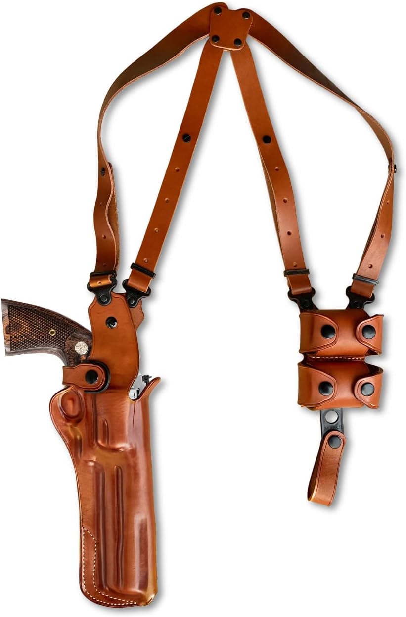 Premium Leather Vertical Shoulder Holster System with Double Speed Loader Pouch, Fits Python Revolver 6-inch, Right Hand Draw, Brown Color #1306#