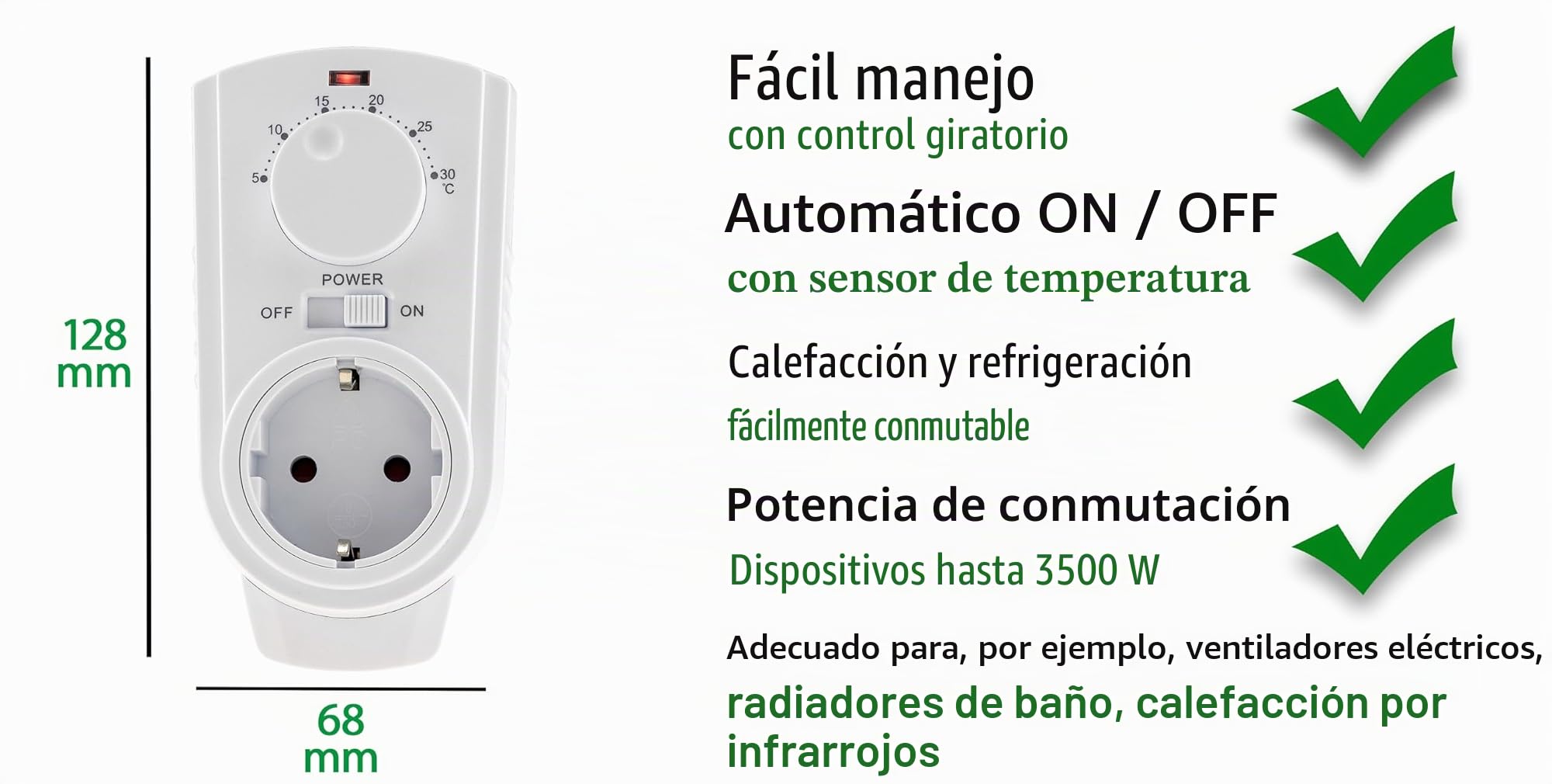 Termostato analógico con regulador giratorio, enchufe con sensor de temperatura de 3500 W, regulador de temperatura para aparatos de calefacción
