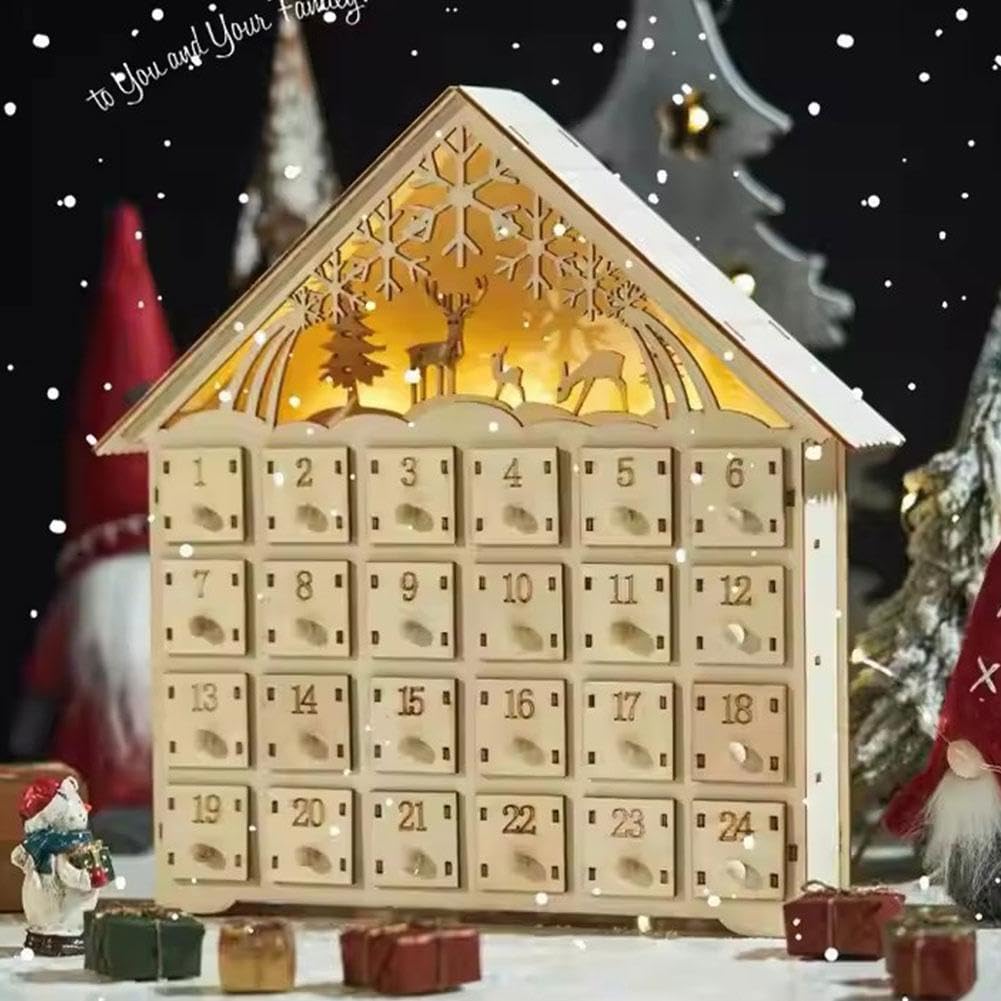 Holz Weihnachten Adventskalender, 24 Tage Adventskalender LED Holz Countdown bis Weihnachtskalender, leuchtet DIY Adventskalender Leere Box für Weihnachten Urlaub