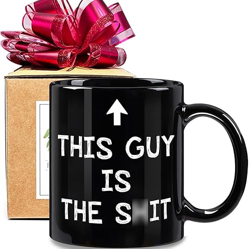 FALJIOK Taza de café divertida con texto en inglés "This Guy Is the Shi*", regalo novedoso para papá, marido, hijo, hermano, novio, compañero de