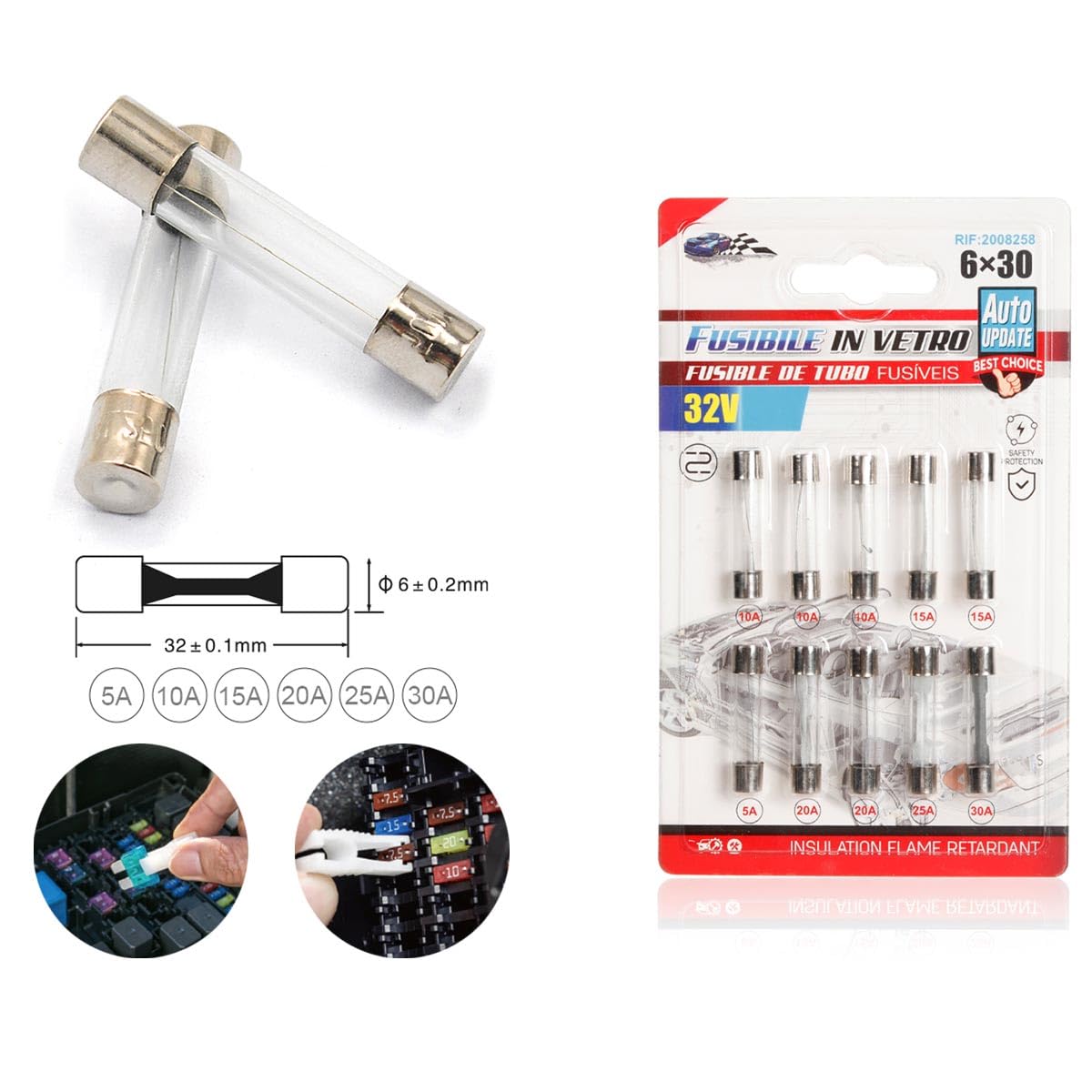 Kit de 10 fusibles de cristal de 5 A, 10 A, 15 A, 25 A, 30 A, fusibles de acción rápida para coche, moto, caravana, camión, barco, diámetro 6 mm (2 paquetes de 20 unidades)