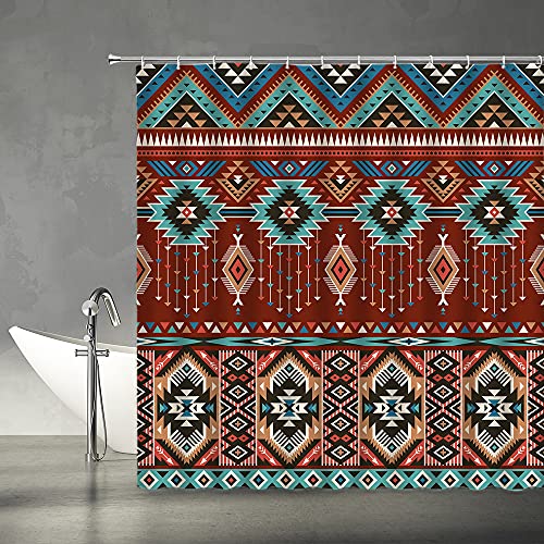Ysatnsft Aztec Shower Curtain Retro Color Tribal Southwestern Navajo Aztec Fancy Abstract Geometric Ethnic Hipster Design Western Boho Red Tan Fabric Bathroom Decor Set With Hooks, thumb #1