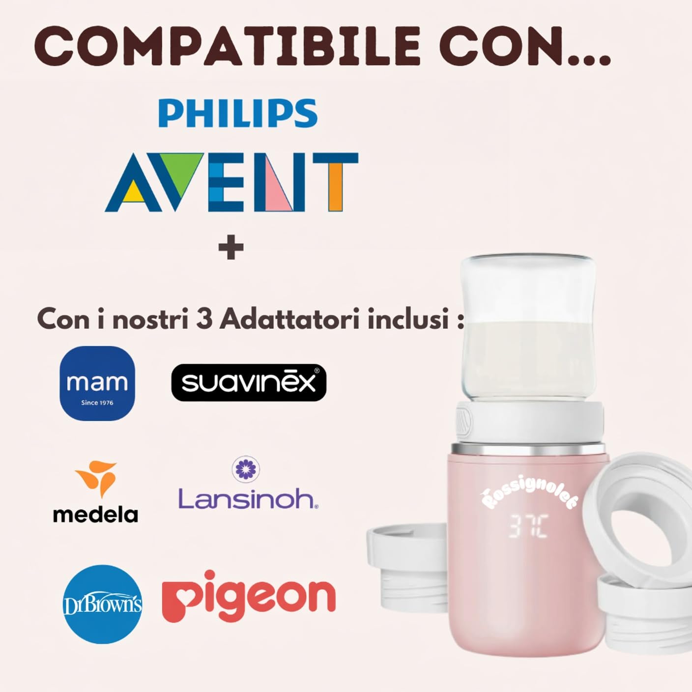 Scaldabiberon portatile Latte Materno e Industriale | senza fili USB tipo-C | Riscaldamento Rapido Mantiene i Nutrienti | Compatibile con Philips Avent/MAM/Suavinex | Casa, Uscite, Auto