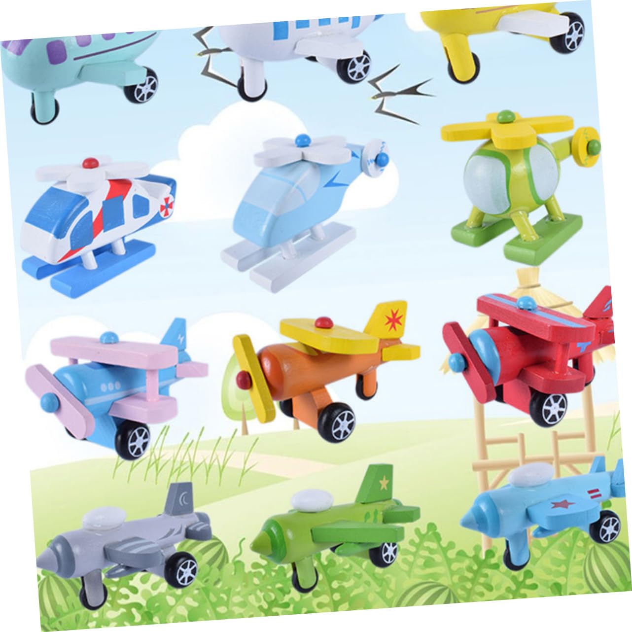Hemobllo Mini Avión de Juguete de Madera para Niños Pequeños, 12 Piezas Coloridas, Educativo y Seguro, Adecuado para Desarrollo Cognitivo y Juego en Casa o Fiesta Familiar