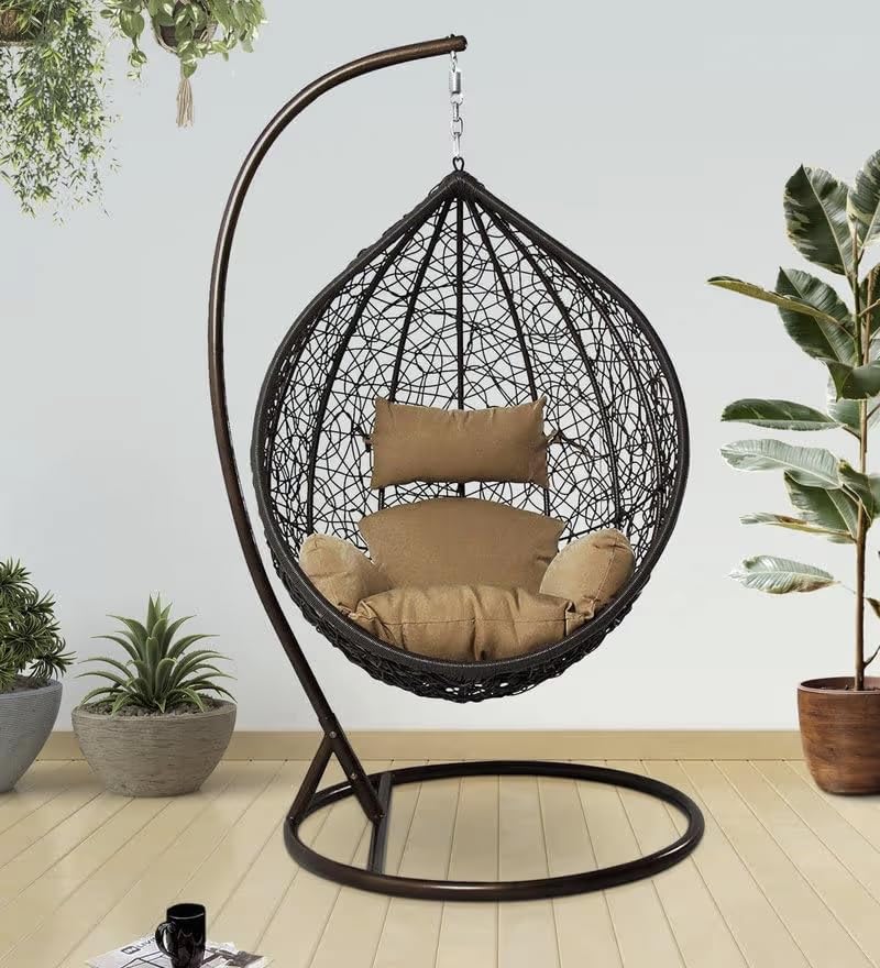 Image of Single Seater Swing Chair with Stand & Cushion Outdoor Indoor Balcony Garden Patio, Powder Coated Frame, UV-Protected Wicker, Premium Cushion, Swing Chair (Black-Coffee)