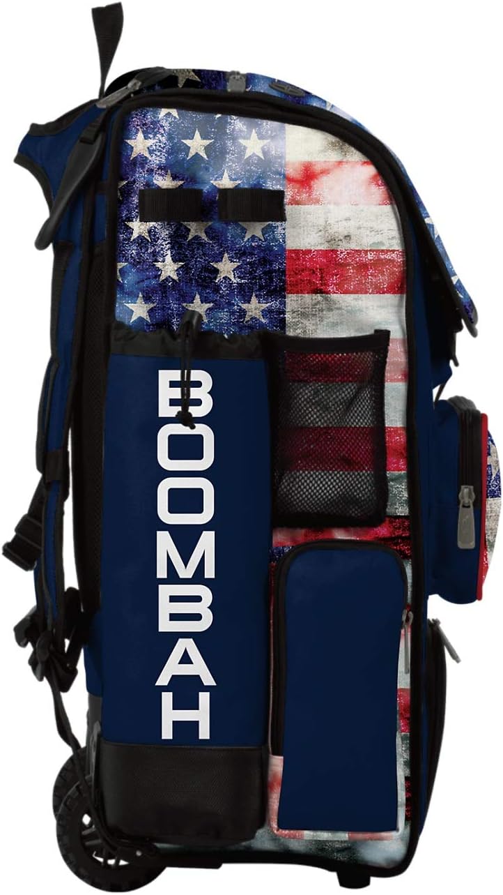 Boombah Superpack Hybrid Rolling Bat Bag: USA Old Glory Navy, Red & White. Baseball Softball Bag with Wheels Holds 4 Bats, Ventilated Shoe Compartment, Telescopic Handle, Rolling & Backpack Version