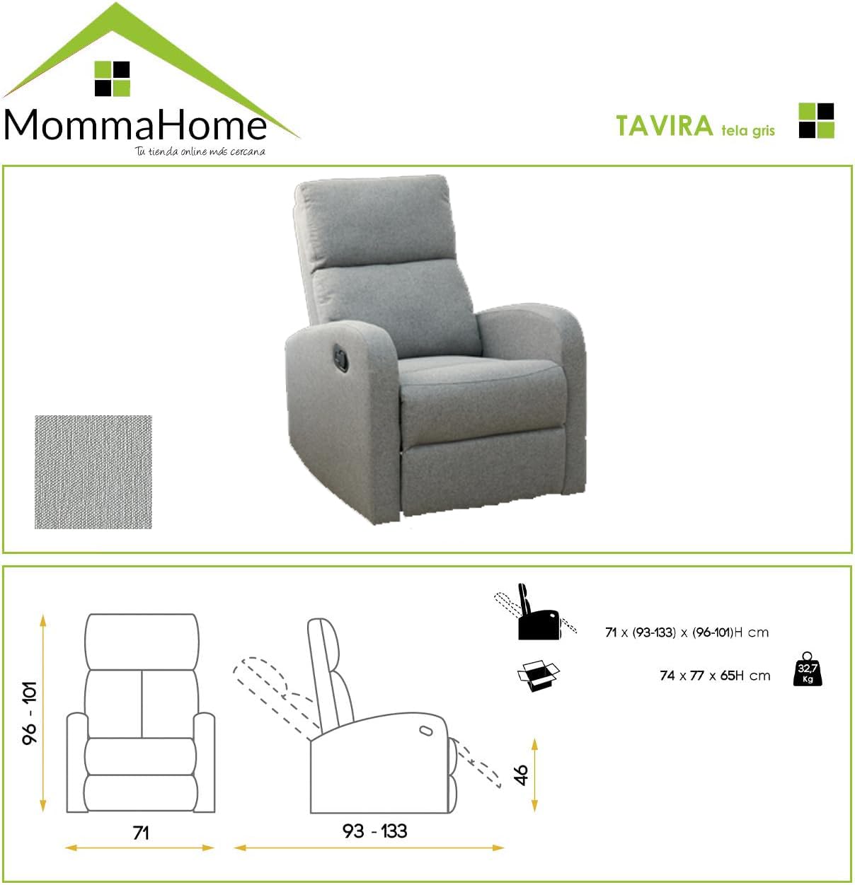 MOMMA HOME Sillón Relax reclinable, TAVIRA - Sillón Reclinable Manual - Tela Antimanchas - Medidas: Ancho 71 x Profundo 93 x Alto 101 cm (Gris Tela Barrel)