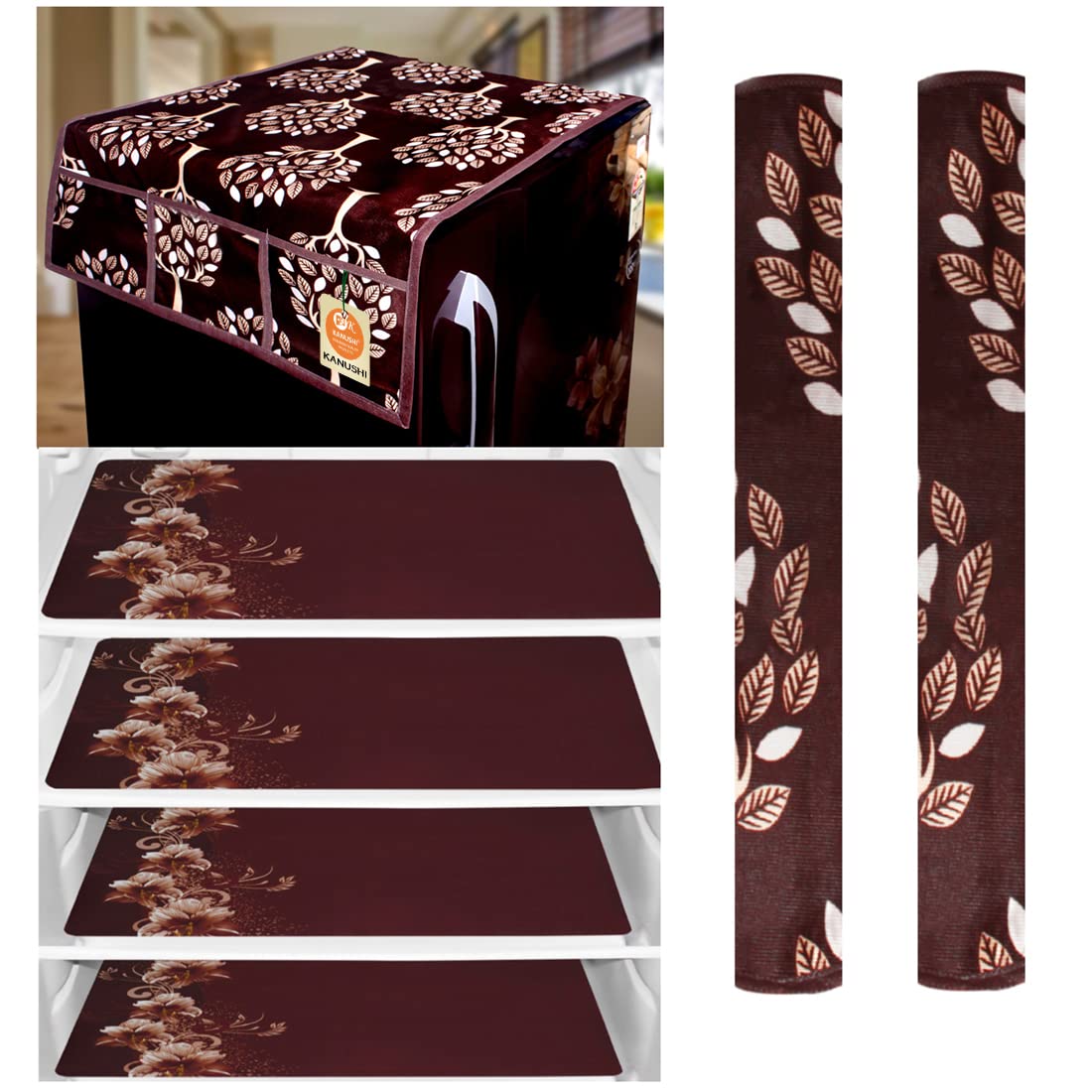 KANUSHI Industries® 1Pc Fridge Cover for Top with 6 Utility Pockets + 2 Handles Covers + 4 Fridge Mats (FRI-Brown-Tree+2-Handle+M-11-04) (B09GYMMQPT) Amazon Price History, Amazon Price Tracker