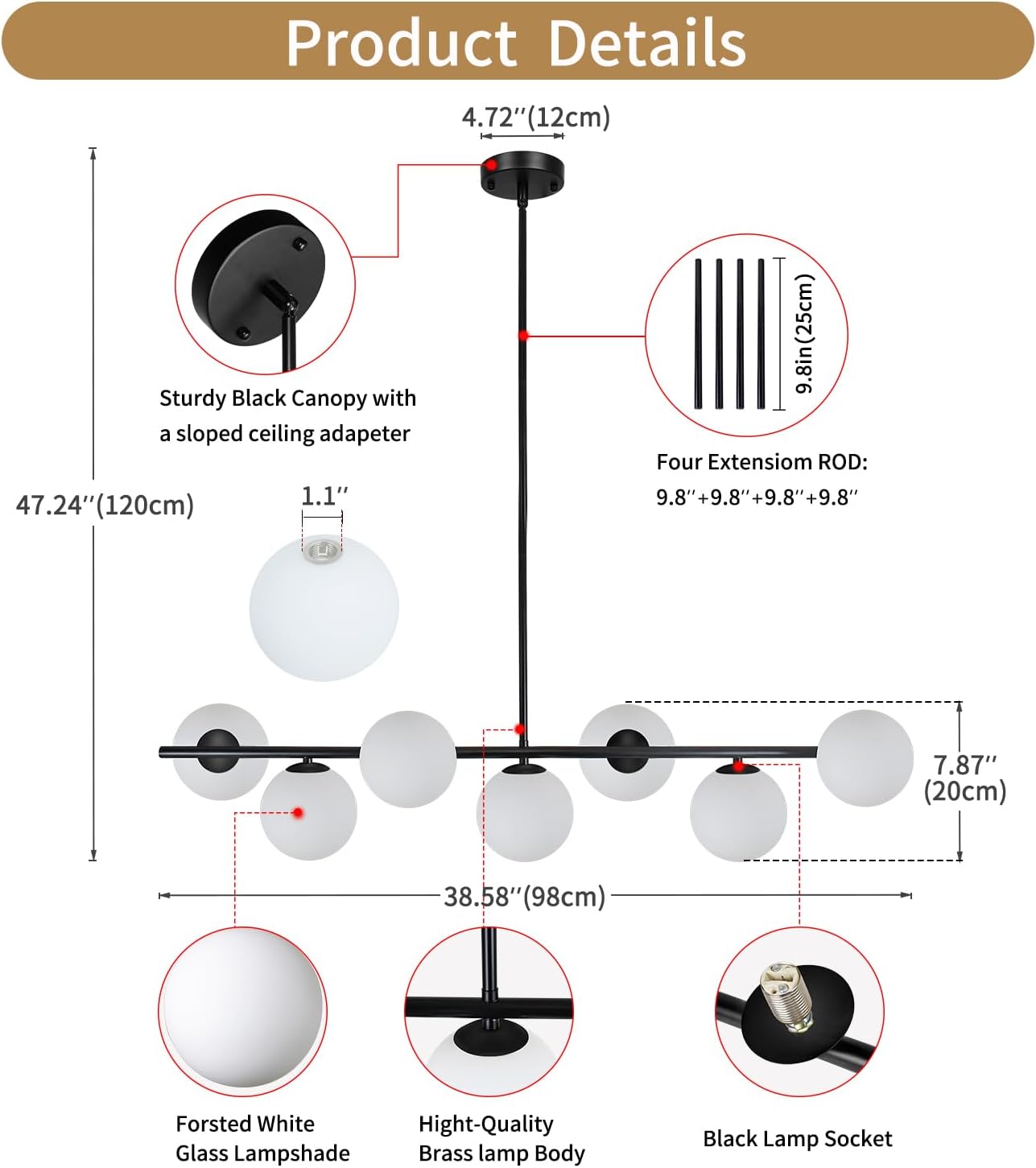 Modern Linear Chandelier 7-Light, Mid Century Black Globe Pendant Light for Dining Room, Kitchen Island Lighting Fixtures Ceiling, Bubble Glass Chandelier over Table for Living Room, Foyer, Bedroom