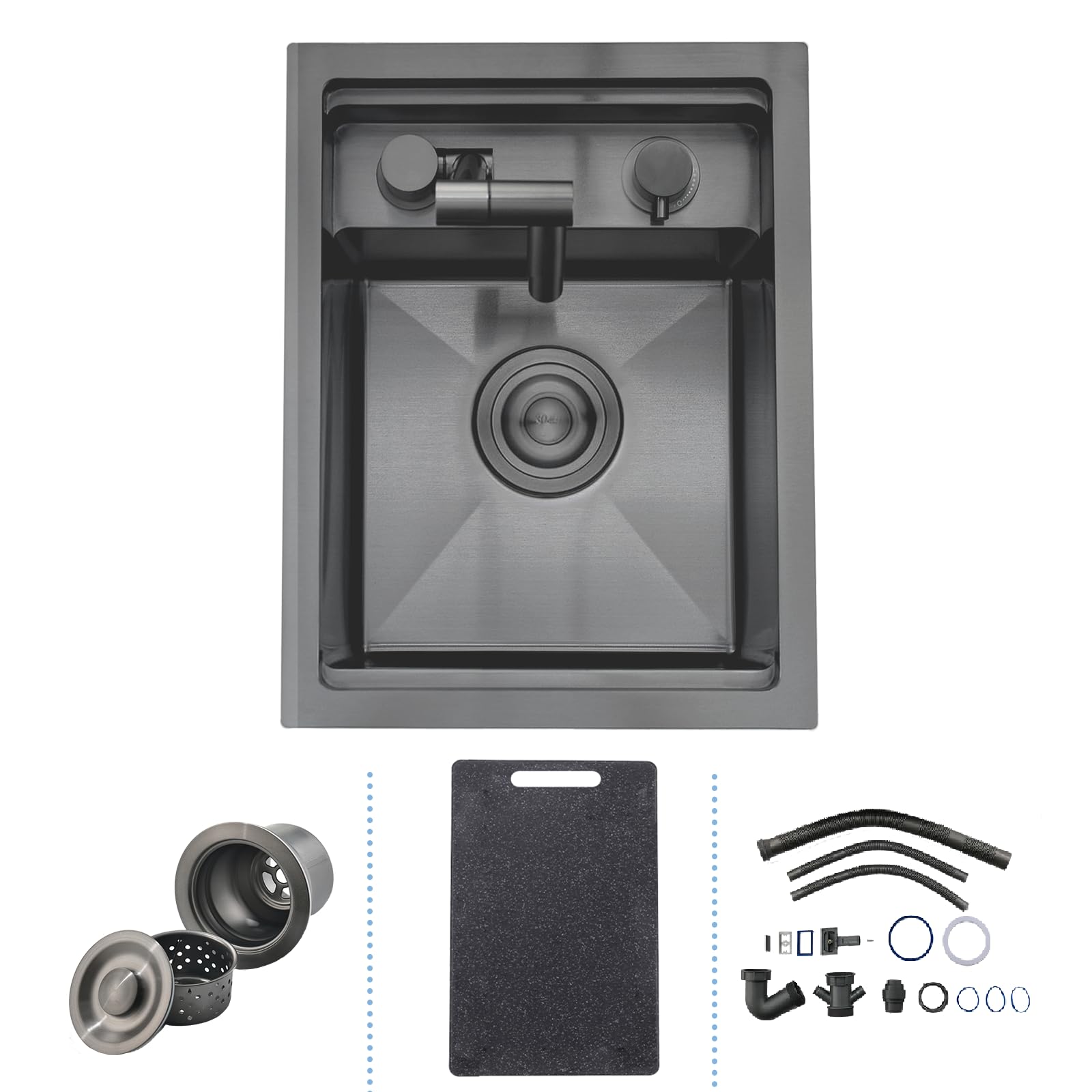 30x45cm Black Concealed Sink, iAnomla Kitchen Sink Black Stainless Steel Hidden Sinks Small Single Bowl with Foldable Faucet, Arble-Textured BPA FEE Cutting Board, for Bar and Small RV