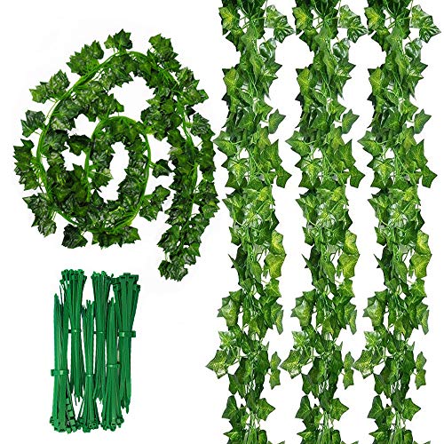 Sweieoni 12pcs Hiedra Artificial, Plantas Artificial Decoración Hojas, Artificial Hiedra Guirnalda Plantas, Enredaderas Artificiales, Decoracion Jardin, Decoracion Terraza+ 50 PCS Bridas de Nylon