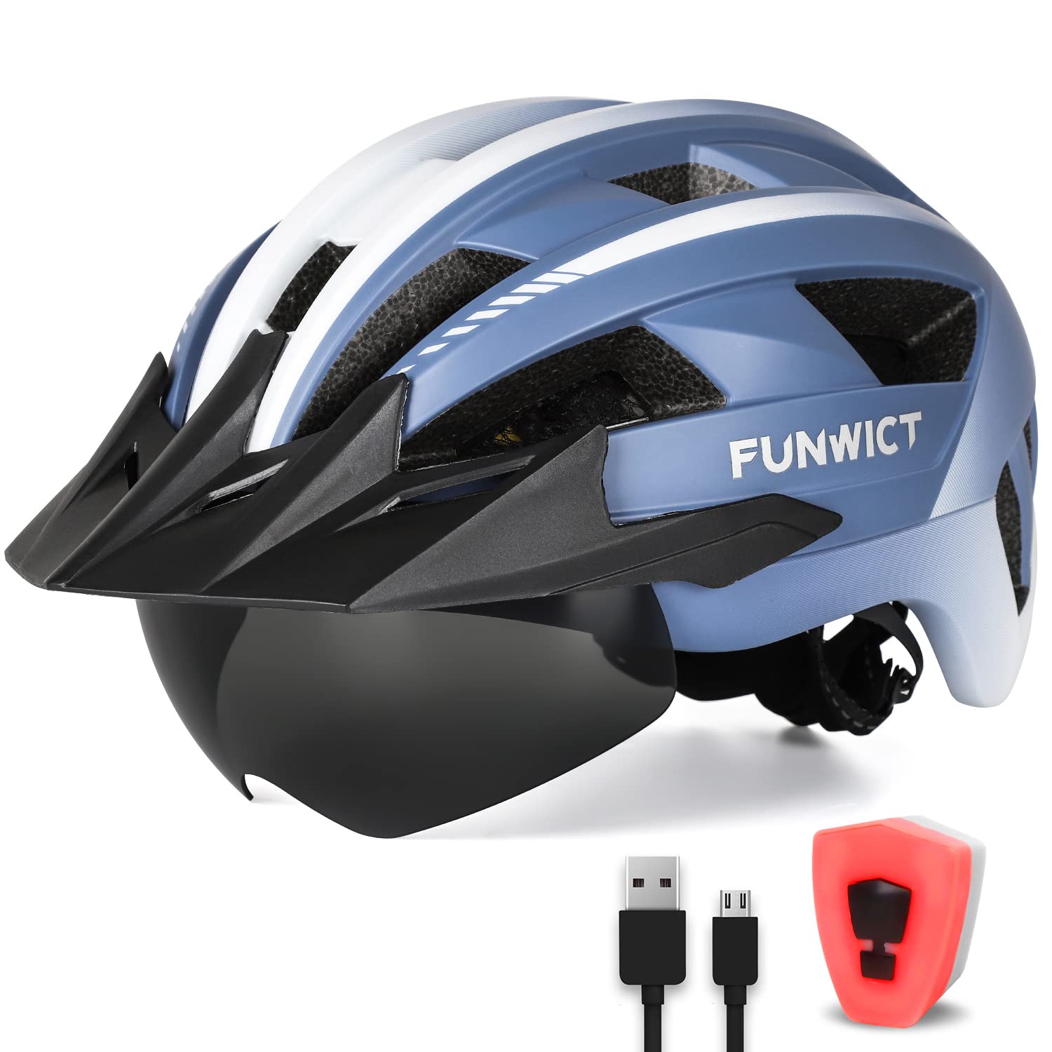 Casque Velo Homme Femme avec Visiere et Lunettes Détachables, Casque Vélo Casques VTT avec Feu Arrière à LED Rechargeable, Casque Cyclisme pour Adulte et Adolescent (M: 54-58 cm, Bleu)