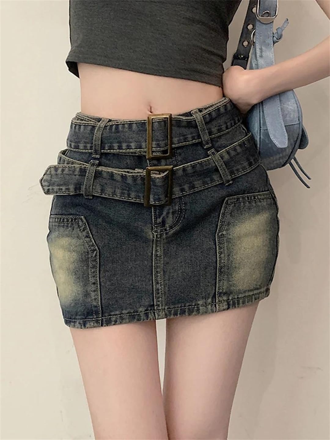 Gonna da donna vintage, linea A, in jeans, tinta unita, con chiusura lampo, mini gonna da cowboy